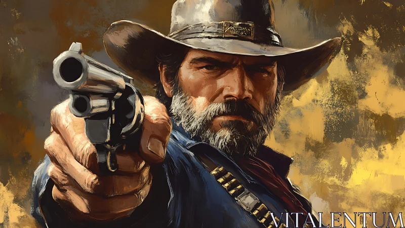 Cowboy with revolver in close frontal view against abstract background.