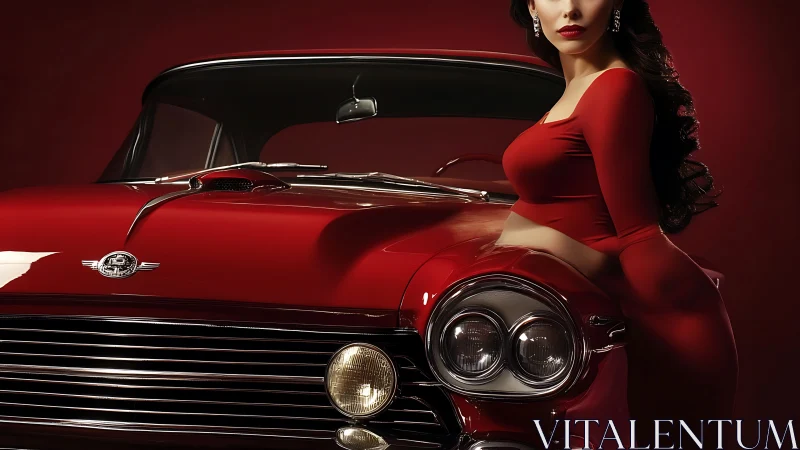 Woman in red beside polished classic red coupe car.