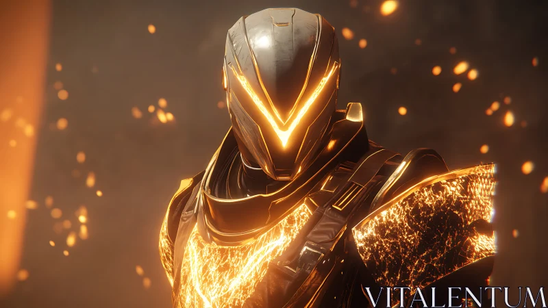 Luminous armored android in molten ember-lit 3D portrait.