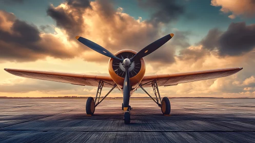 Vintage propeller aircraft under dramatic sunset sky.