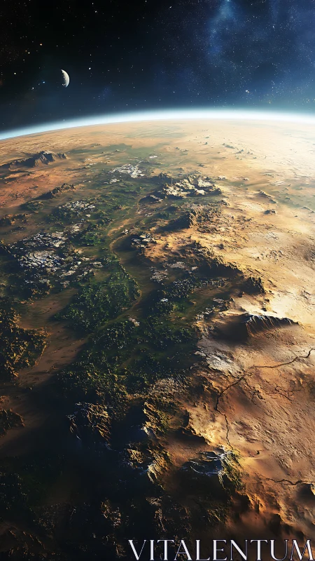 Sunlit alien world waking under a quiet starry sky.