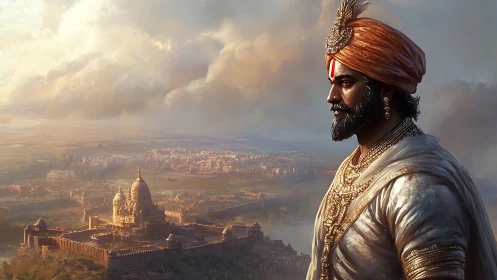 Regal Indian ruler stands over detailed fortified cityscape