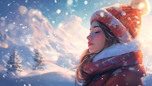 Digital painting portrait in luminous alpine winter landscape.