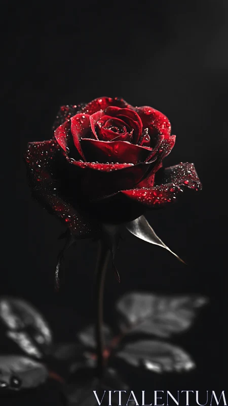 A Deep Red Rose Glistens With Dewdrops Against Darkness