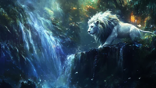 Majestic white lion quietly watches over the glowing falls
