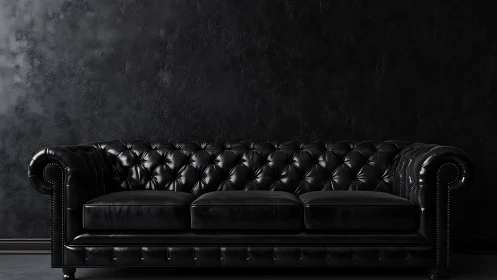 Monochrome tufted leather sofa against textured noir wall.