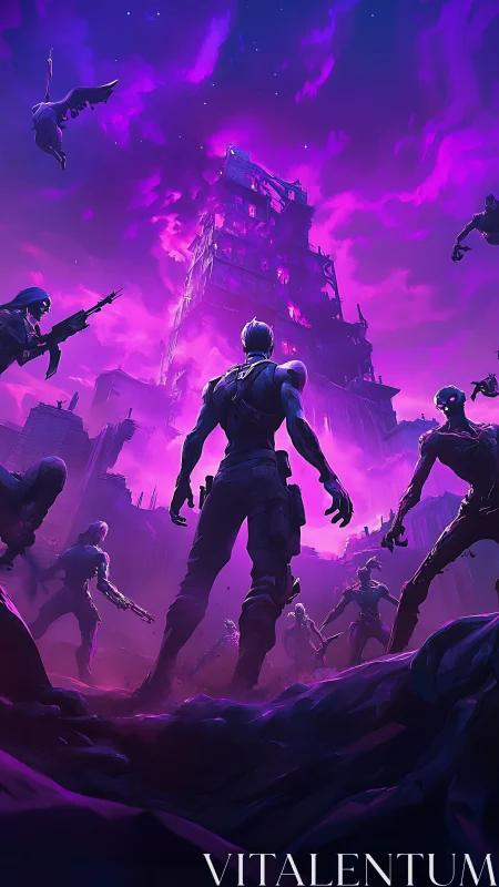 Central figure confronts hostile silhouettes before ruined tower