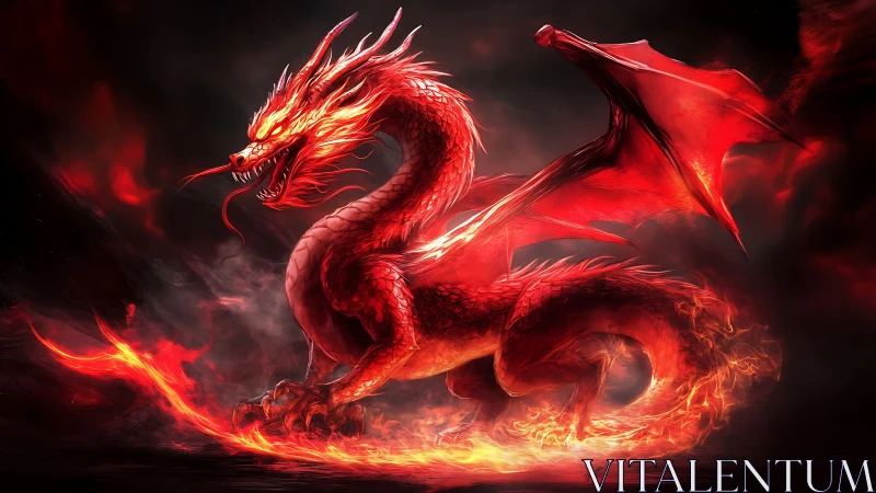 Blazing crimson dragon coiled in infernal firestorm.
