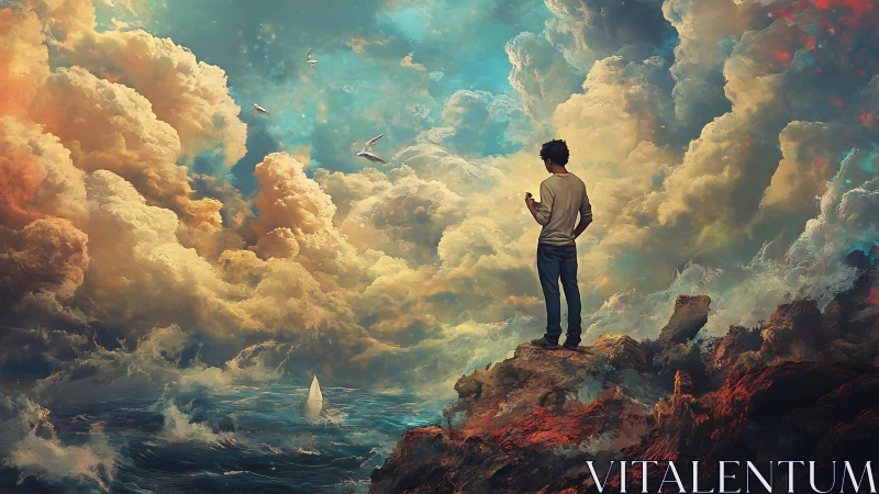 Man stands above stormy sea beneath towering dreamlike clouds.