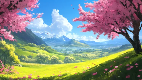 Sunlit valley under blooming pink springtime trees.