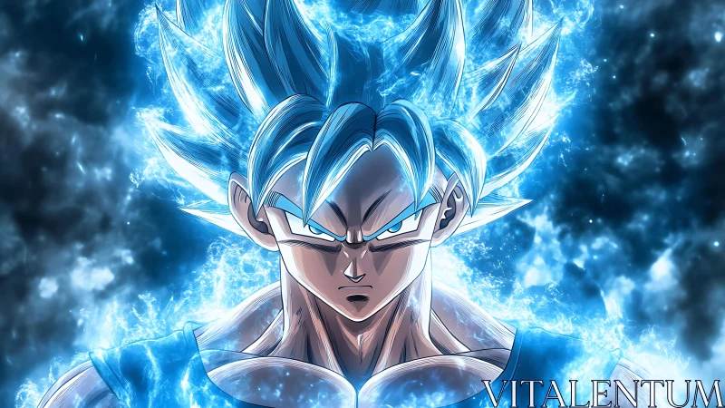 Blazing blue‑haired warrior glowing with fierce cosmic power.