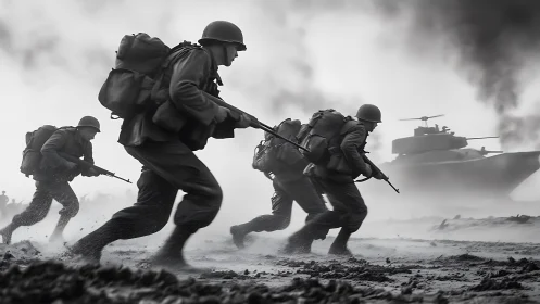Grit-soaked soldiers sprint into smoke as steel giants loom