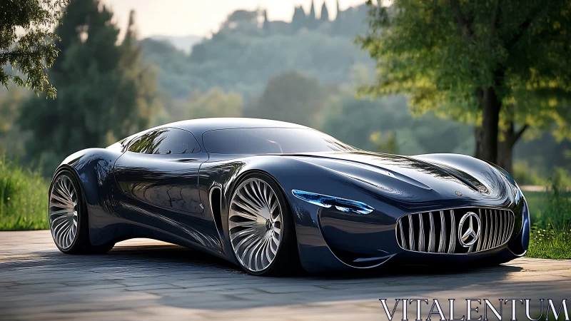 Mercedes concept hypercar with ultralow stance in garden light