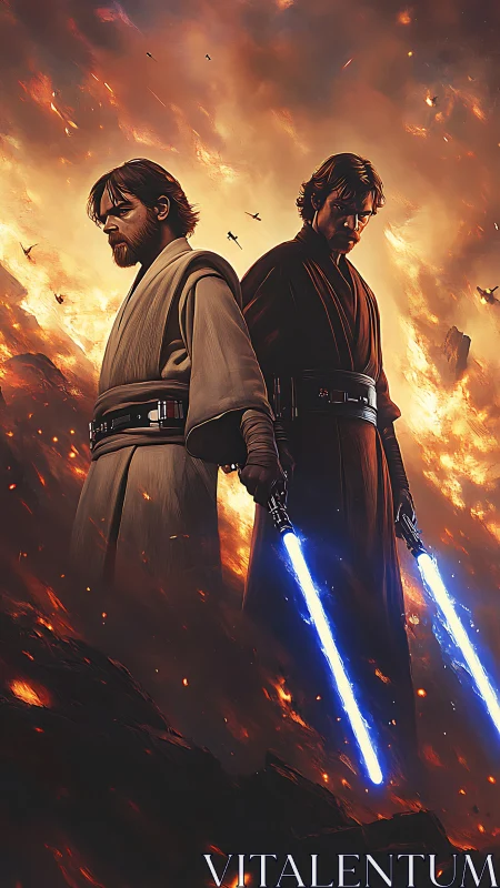 Twin robed warriors with blue energy blades on lava ridge