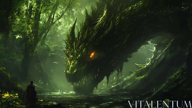 Giant forest dragon confronts lone warrior in luminous ravine