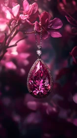 Pink teardrop gemstone pendant glows amid blooming petals.
