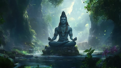 Serene blue deity meditating amid misty enchanted jungle.