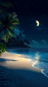 Moonlit Paradise Beach at Midnight Under Starry Skies