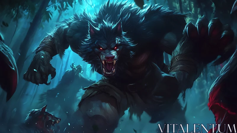 Ferocious werewolf leaps forward under eerie moonlit forest sky