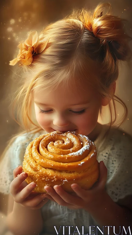 Little girl savoring a golden sugar-dusted pastry moment.