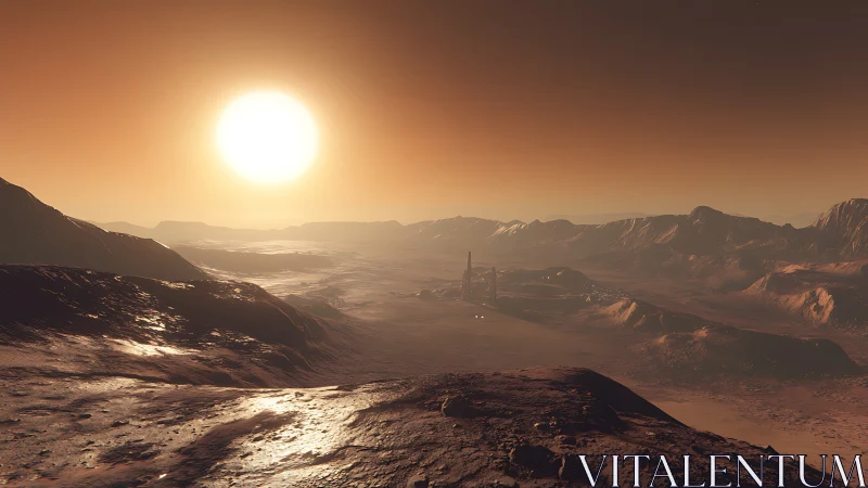 Desert exoplanet sunrise over distant sci fi outpost.