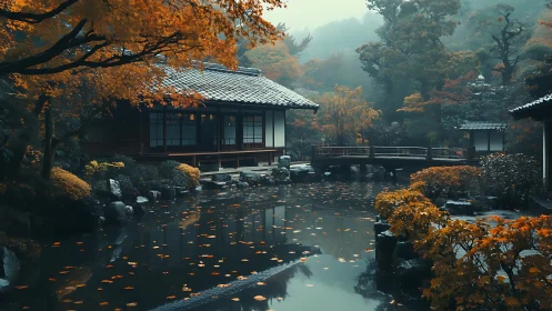 Autumnal Japanese courtyard pond with misted arbor bridge.