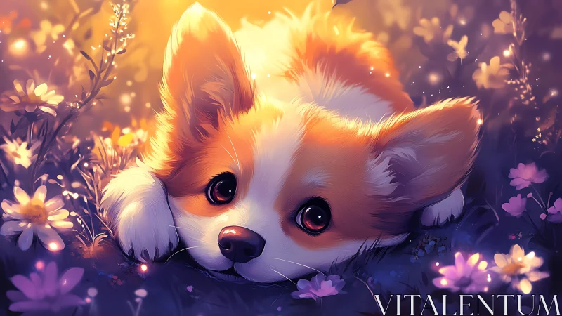 Dreamy corgi pup resting in glowing twilight meadow.