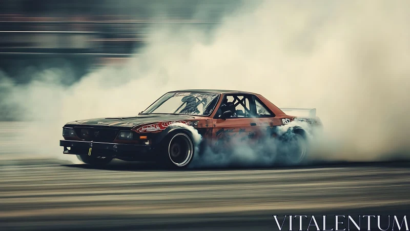 Drift car sliding sideways in dense tire smoke cloud.