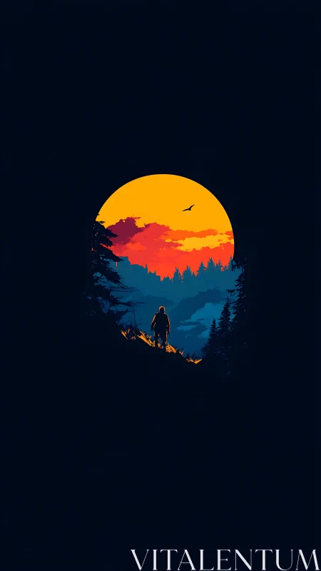 Silhouetted figure on forest ridge before stylized sunset.