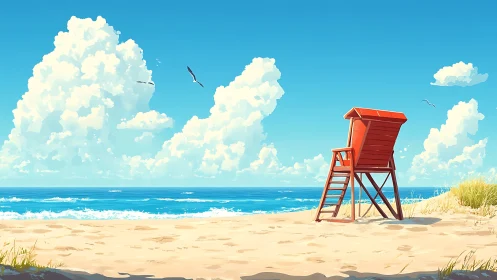 Red lifeguard chair on sandy shoreline under clouds.