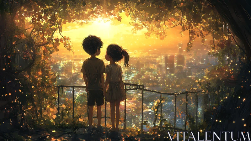 Golden hour city view holds two children in gentle wonder