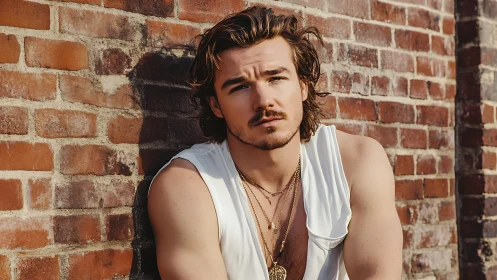 Young man leaning against sunlit red brick wall outdoors.