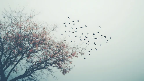Flock of Birds Flying from Blossom Tree in Minimalist Style.