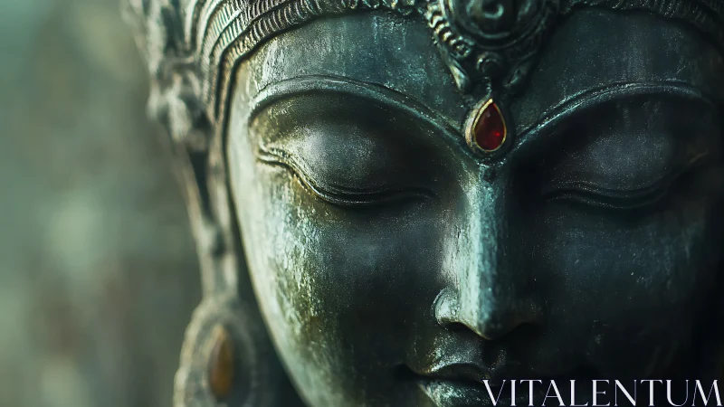 Silent bronze deity in emerald shadow and ruby stillness.