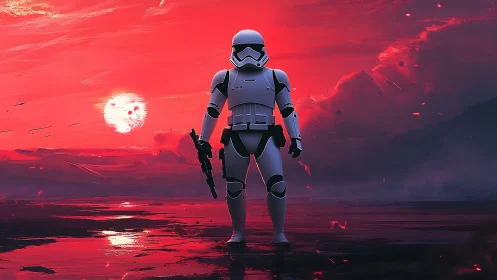 Armored sci fi soldier stands against vivid red sunset sky
