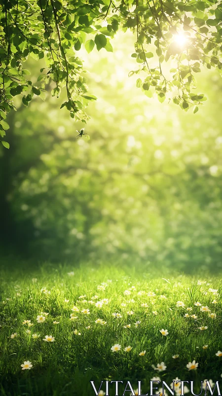 Sunlit meadow of tiny daisies and softly glowing leaves.