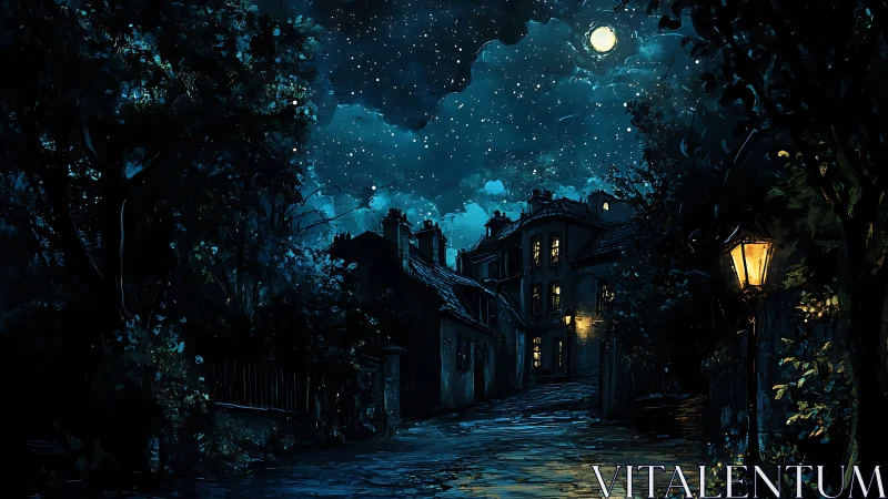Moonlit cobblestone alley humming with secret warm windows.