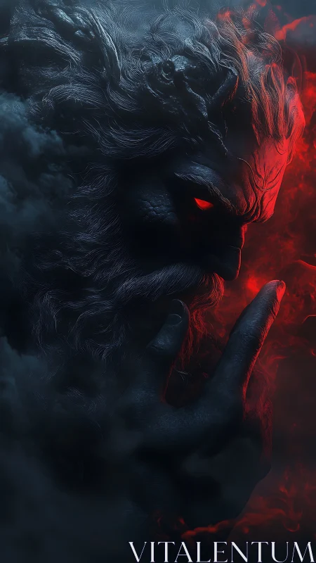 Dark elemental demon face in red and black smoke profile.