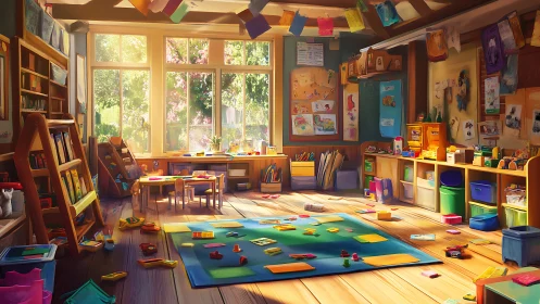 Sunny preschool classroom glows with playful learning energy