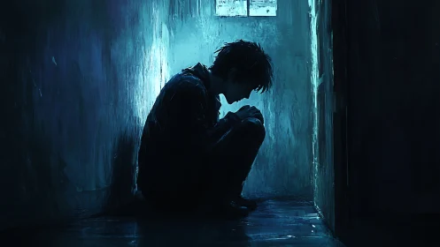 Solitary figure curls in narrow cell under cold blue light.