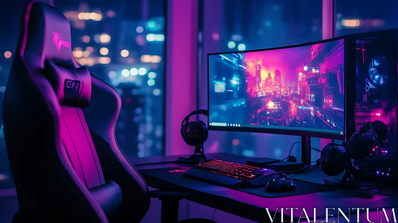 Curved monitor gaming workstation in neon city lighting.