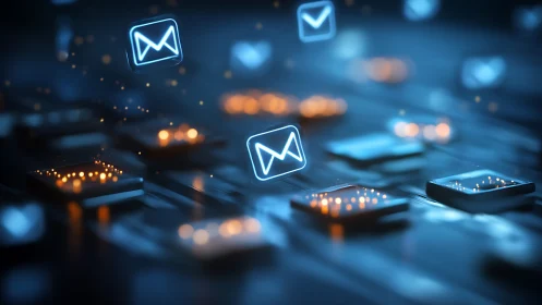 Glowing email icons hover over circuit-like digital surface