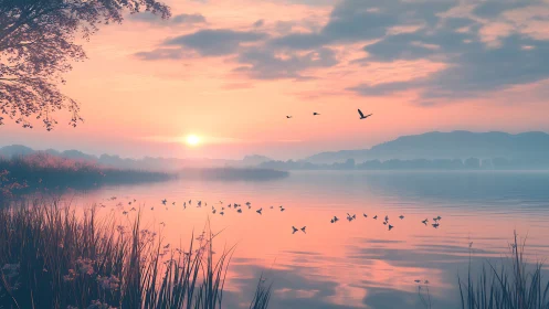 Sunrise over calm lake with distant hills and waterfowl.