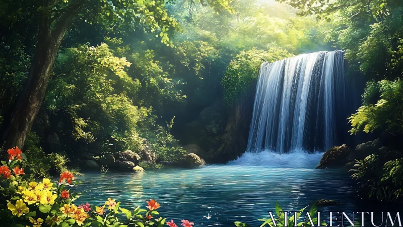 Luminous forest waterfall cascades into a tranquil turquoise pool