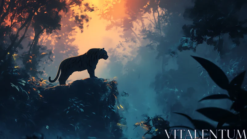 Silhouetted panther positioned on rocky outcrop against atmospheric sky