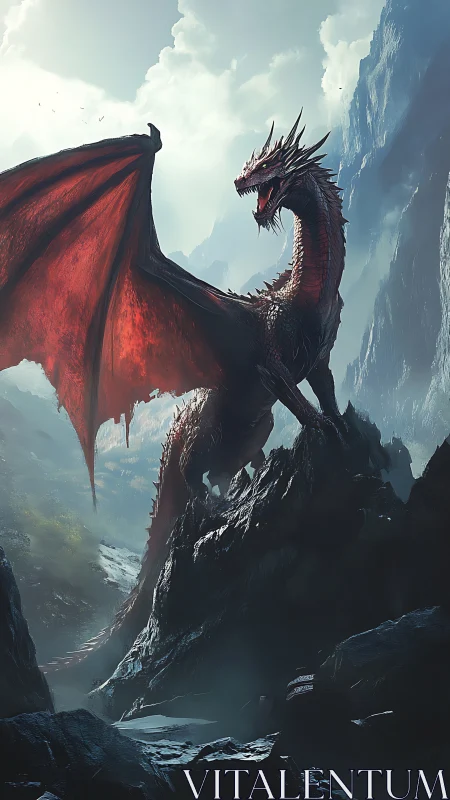 Red-winged dragon on jagged mountain ridge in misty valley.