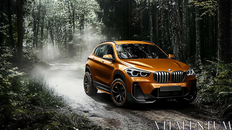 Bold orange SUV exploring a misty forest trail with flair.