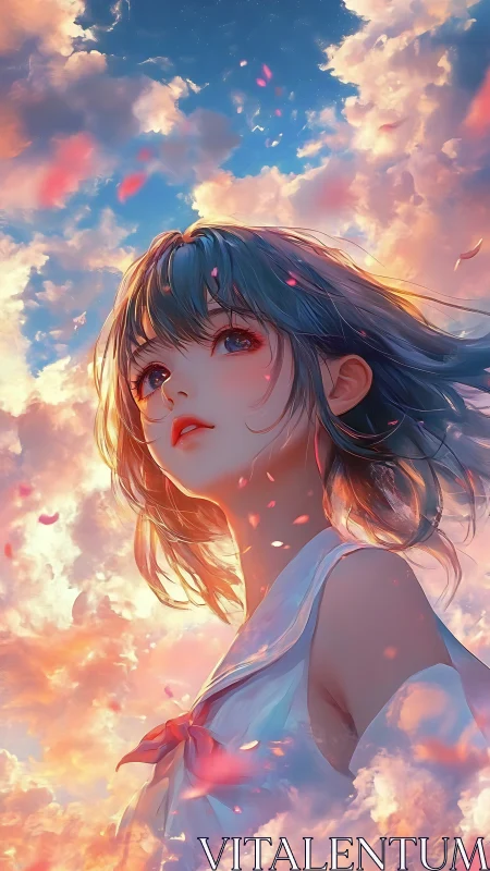 Celestial anime girl in pastel sunset sky with drifting petals