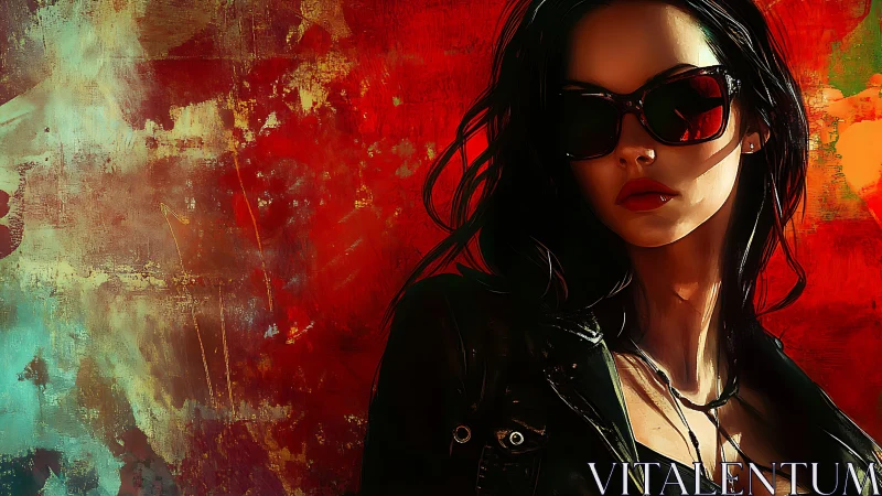 Edgy woman in sunglasses against fiery abstract backdrop.