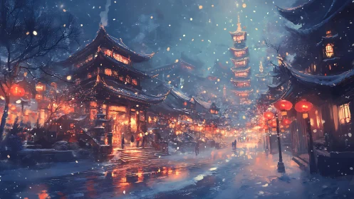 Snowy lantern-lit pagoda street glows under midnight sky.